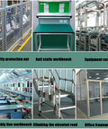 Composite image showing various industrial setups including security net, anti-static workbench, equipment rack, reflecting DIY use.