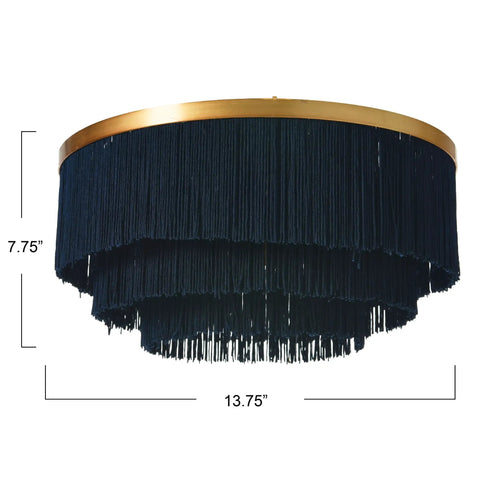 Dope Navy Fringe Round Ceiling Light With Gold Rim, 13.75 Inch Semi Flush Mount, Modern Chandelier Vibe, side view
