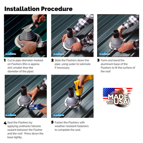 Installation procedure for Silicone Grey High Temp Round Pipe Boot For Metal Roofs Built To Last Flexible Roof Flashing Fits 4-1/4 To 7-1/2 Inch Pipe Outer Diameter Made In USA with Made in USA label.
