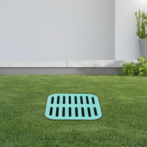Installed view of Square Catch Basin Drain Kit For Outdoor Drainage with 9 Inch Basin Includes 1 Bucket, 1 Basket, And 1 Cover Plate