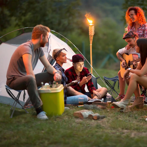 Group camping with Two Pack Folding Camping Stools For Adults Heavy Duty Lightweight Portable Tripod Chairs, two heights visible