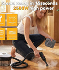 Woman using 2500W Portable Handheld Steam Cleaner Delivers Powerful 160C Hot Steam In Just 15 Seconds on hardwood floor.