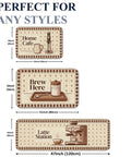 Vintage Coffee Kitchen Floor Mats Rustic Brew Station Rugs 3 Piece Set with coffee-themed designs and measurements.