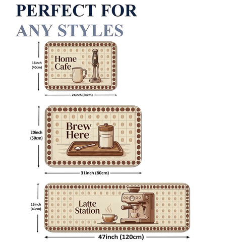 Vintage Coffee Kitchen Floor Mats Rustic Brew Station Rugs 3 Piece Set with coffee-themed designs and measurements.