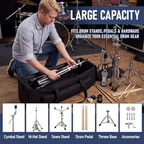 Man organizing drum hardware in Badass 32 Inch Rolling Drum Hardware Duffle Bag With Smooth Wheels And Slamming Padding.