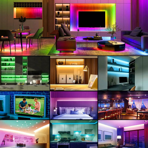 Epic 100Ft RGB LED Strip Lights With App Control Remote And Music Sync illuminating various rooms in vibrant colors