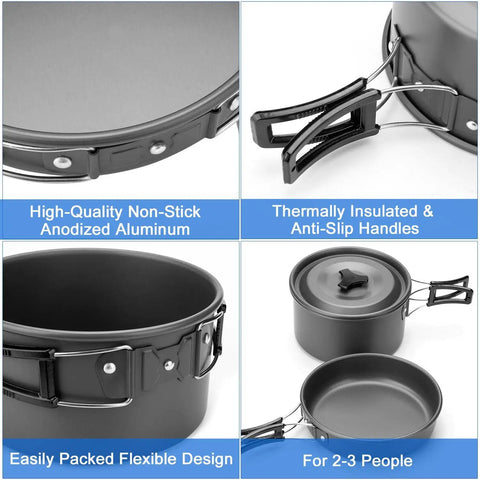 Close-up of Lightweight Camping Cookware Mess Kit Gear With Pot, Pan, Kettle, Two Cups And Utensils For Backpacking, Hiking, And Picnics