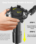 Hand adjusting a Microphone Shock Mount For 48 To 51mm Condenser Mics, showing noise isolation and anti vibration setup instructions.