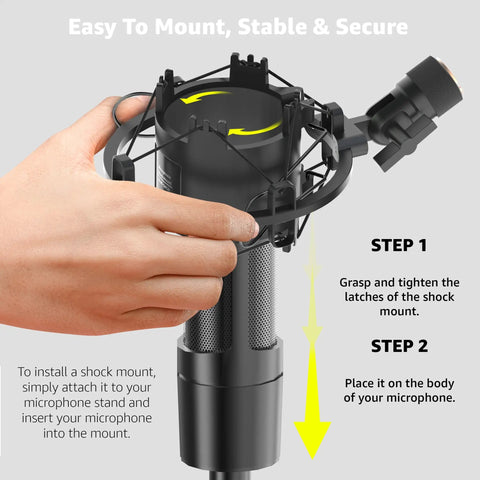 Hand adjusting a Microphone Shock Mount For 48 To 51mm Condenser Mics, showing noise isolation and anti vibration setup instructions.
