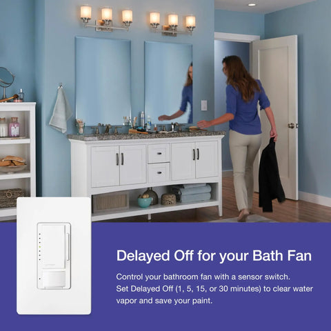 Hands Free Motion Sensor Dimmer Switch For Bathroom, Garage, Laundry Room, And Closet, Occupancy And Vacancy Sensor, Single Pole Or Multi Location, No Neutral Required, Black Finish, Energy Saving shown with delayed off function in use