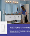 Bathroom with maestro LED plus motion sensor dimmer switch, white finish, XCT sensing technology, woman exiting, wall plate shown