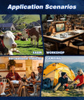 Four images showing cows on a farm, a workshop table, friends in an RV, and two people camping with a tent.