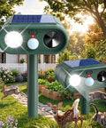 Solar Powered Deer Repellent For Plants And Gardens, Ultrasonic Animal Deterrent With LED Strobe And Adjustable Frequency, Outdoor Garden Pest Control That Keeps Deer And Critters Away From Your Landscaping. Green plastic, solar panel, outdoor stake.