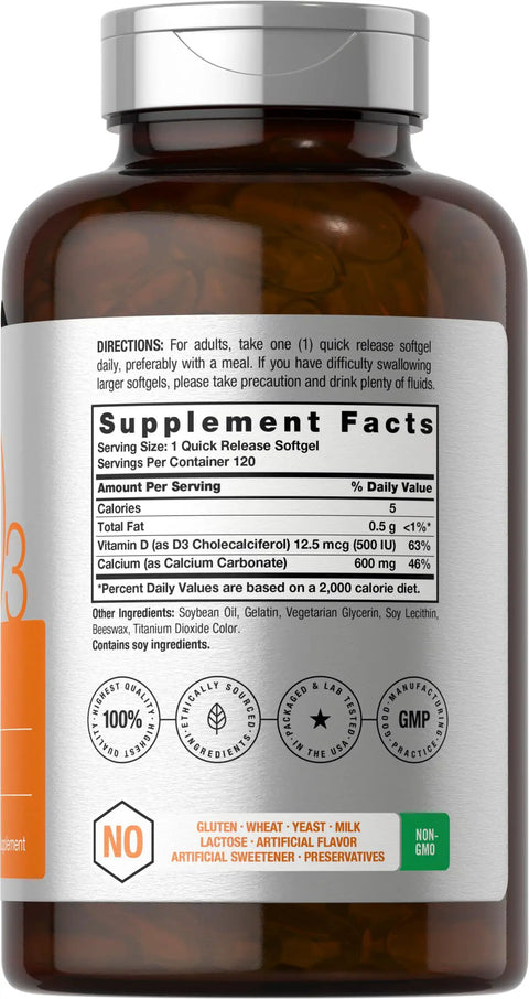 Side view of Calcium With Vitamin D3 600 Mg Softgels For Strong Bones And Daily Health Non GMO Gluten Free 120 Count bottle