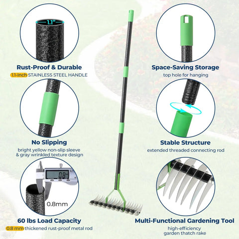 Infographic of 65 Inch Thatch Rake And Garden Rake Dual Sided Sharp Steel Tines Adjustable Handle Lightweight Reversible Head