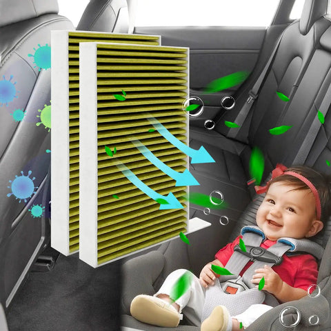 Tesla Model 3 And Model Y Cabin Air Filter With Activated Carbon Replacement for 2016 to 2024, shown in a car with happy child