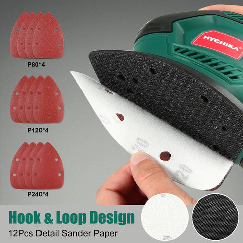 Compact Electric Detail Sander With 14,000 OPM, Includes 12 Sheets Of Sandpaper, Efficient Dust Collection System shown with sandpaper
