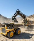 11 Channel Remote Control Excavator Toy For Boys With Lights And Dual Batteries Included, realistic construction scene, mountains