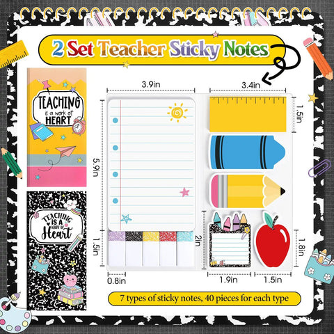 Two Pack Teacher Sticky Notes Gift Set With 560 Self Adhesive Notepads In 7 Styles Apple Ruler Pencil Designs Perfect For Classrooms
