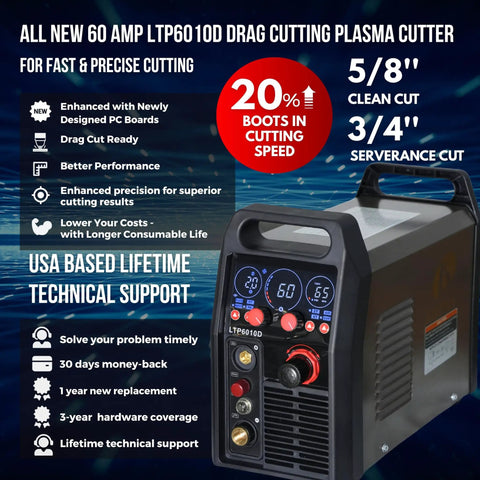 60 Amp Plasma Cutter With Drag Cut Control For Smooth Straight Cuts Up To Five Eighths Inch On Steel Aluminum And Copper Non Touch Pilot Arc displayed with LED control panel and dual voltage options.