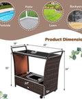 Patio Wicker Bar Cart With Wheels Ice Bucket Outdoor Rolling Beverage Counter Table Glass Top Modern Rattan Wine Serving Cart dimensions