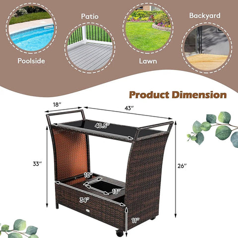 Patio Wicker Bar Cart With Wheels Ice Bucket Outdoor Rolling Beverage Counter Table Glass Top Modern Rattan Wine Serving Cart dimensions