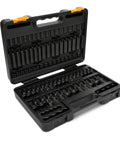 Open case of 84 Piece Master SAE And Metric Hex And Torx Socket Set for home and auto repairs with durable heat treated sockets.