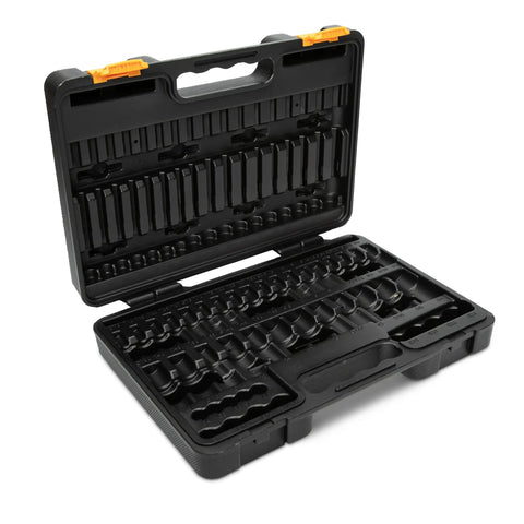 Open case of 84 Piece Master SAE And Metric Hex And Torx Socket Set for home and auto repairs with durable heat treated sockets.