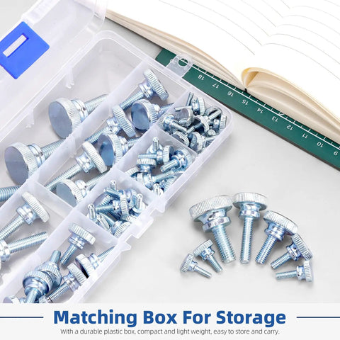 Dang Good Grip Smooth Rolling Knurled Thumb Screws M3 M4 M5 M6 M8 fully threaded bolts in a storage box for easy organization.