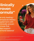 Woman holding Real Menopause Relief Clinically Proven Formula Easing 12 Symptoms Like Hot Flashes Night Sweats Mood Swings Fatigue