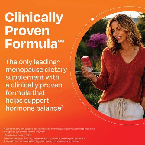 Woman holding Real Menopause Relief Clinically Proven Formula Easing 12 Symptoms Like Hot Flashes Night Sweats Mood Swings Fatigue