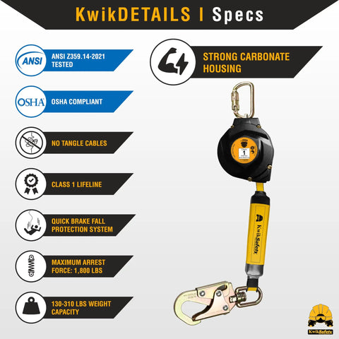 6 Ft Mini Mamba Self Retracting Lifeline No Tangle Web Class 1 SRL Safety Lanyard For ANSI OSHA Compliance with specs.