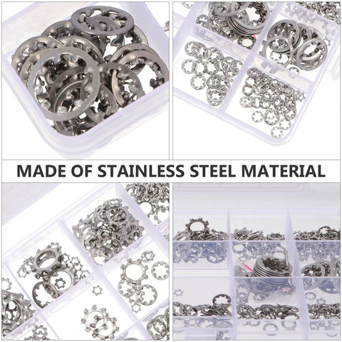 Assorted stainless steel serrated lock washers with internal/external teeth in a compartmented box for automotive and machinery use.