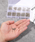 Person holding small screws with open Dope 1200-Piece Tiny Screw Kit With Phillips Pan Head Machine Screws in background