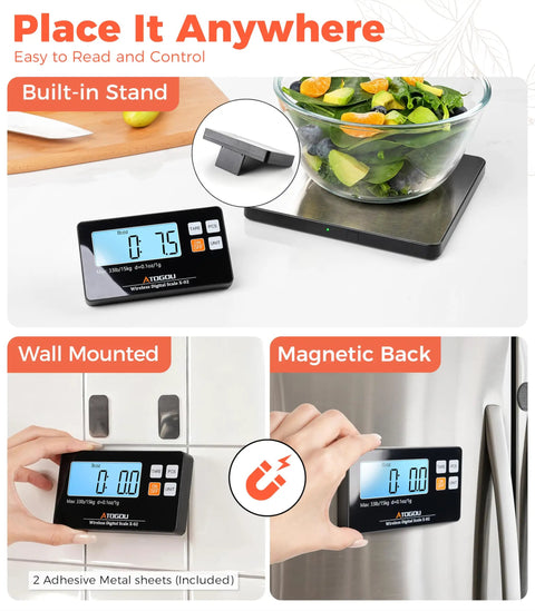 Wireless Kitchen Scale Detachable Display Pro Grade Large Platform 33Lb 15Kg Precise 0.1oz 1g 9 Units Counting Function Stainless Steel For Cooking Baking Shipping Silver, shown with built-in stand and magnetic back.