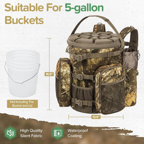 Hunting Bucket Backpack With Built-In Cushioned Seat For 5-Gallon Buckets Not Including Bucket Or Lid, camo design with side pockets