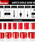 Heavy Duty Workhorse Bi Metal Hole Saw Kit and Hole Cutter Set with 26 Pieces of Durable Drilling Blades showing various hole saw sizes and accessories.