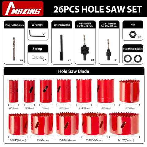 Heavy Duty Workhorse Bi Metal Hole Saw Kit and Hole Cutter Set with 26 Pieces of Durable Drilling Blades showing various hole saw sizes and accessories.