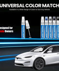 Display of Tesla Pearl White PPSW Touch Up Paint Kit For Rock Chips And Scratches 2 In 1 Car Scratch Repair Pen with a Tesla car backdrop.