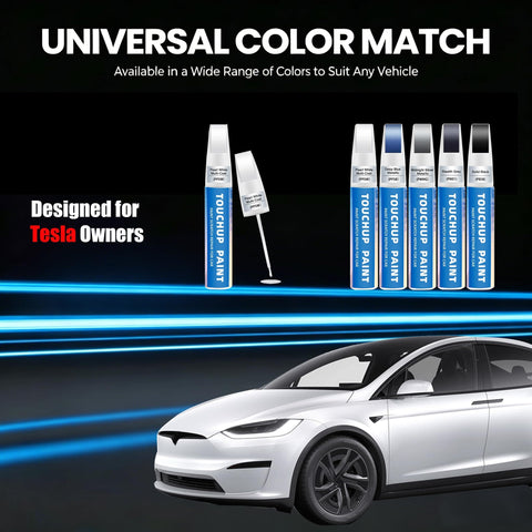 Display of Tesla Pearl White PPSW Touch Up Paint Kit For Rock Chips And Scratches 2 In 1 Car Scratch Repair Pen with a Tesla car backdrop.