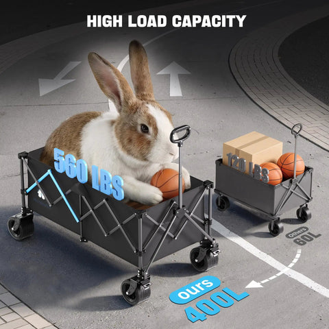 Heavy Duty 48 Inch XL Collapsible Wagon Cart With All Terrain Wheels And 560 Lb Capacity For Camping, Beach, Garden, Sports, shown with rabbit and basketballs