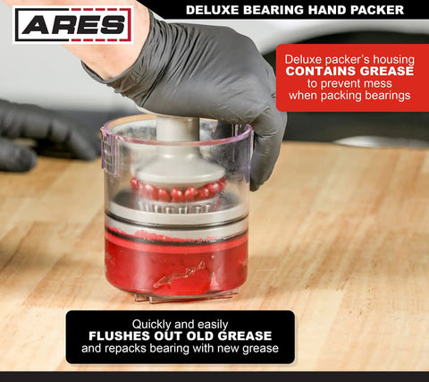 Deluxe Bearing Packer in use, removing old grease from a bearing, showcasing universal fit for bearings up to 3.5 inches in a clear polycarbonate body.