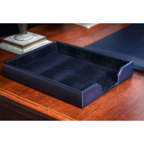 Navy Blue Bonded Leather Letter Tray And Paper Organizer For Desk on wood surface, luxury executive desk decor, velveteen base.