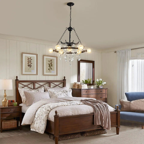 Wagon Wheel Chandelier 9 Light Black Farmhouse Industrial Metal Pendant Light With Crystal Accents in bedroom setting