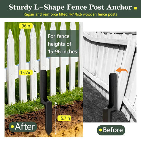 Image showing the Beefed Up Heavy Duty Fence Post Anchor and Repair Kit for 4x4 and 6x6 Wood Posts in use stabilizing a fence post.