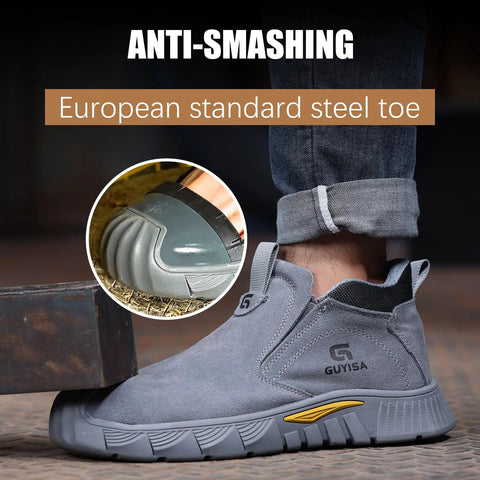 Close-up view of Grey Mid Cut Welding Safety Boots With Steel Toe For Men, Slip On Work Shoes Built Tough For Welders, featured with European standard steel toe.