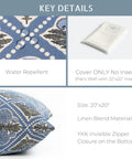 Azure Blue Hydrangea Block Print Throw Pillow Cover 20x20 Indoor Outdoor Water Repellent For Patio Backyard And Couch With Invisible Zipper And Linen Blend Cozy Vibe Finish, water repellent close-up
