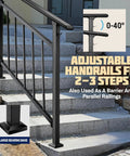 Built Tough Adjustable Wrought Iron Stair Handrail For Outdoor Steps With Handy Hook Setup and Heavy Duty Powder Coat for a secure grip on steps.