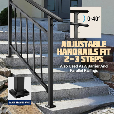 Built Tough Adjustable Wrought Iron Stair Handrail For Outdoor Steps With Handy Hook Setup and Heavy Duty Powder Coat for a secure grip on steps.