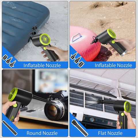 Electric Cordless Air Duster Handheld used on inflatable raft, camera lens, and car vents, showing nozzle attachments